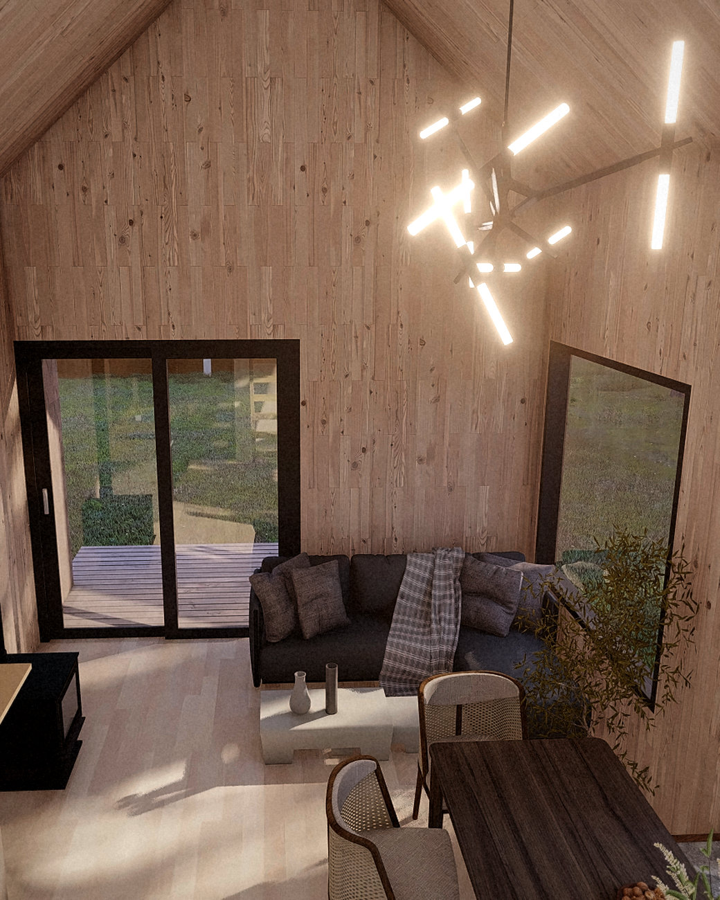 Interior de una tiny house Modus Patagonia: living con estufa, sofá y ventanal hacia el bosque